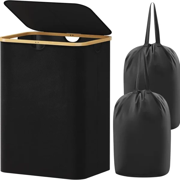 150L Laundry Basket with Lid, Clothes Hamper with Bamboo Handles